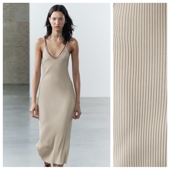 NWT. Zara Light Khaki Chain Trim Ribbed Knit Midi Dress. Size M. - Picture 2 of 10